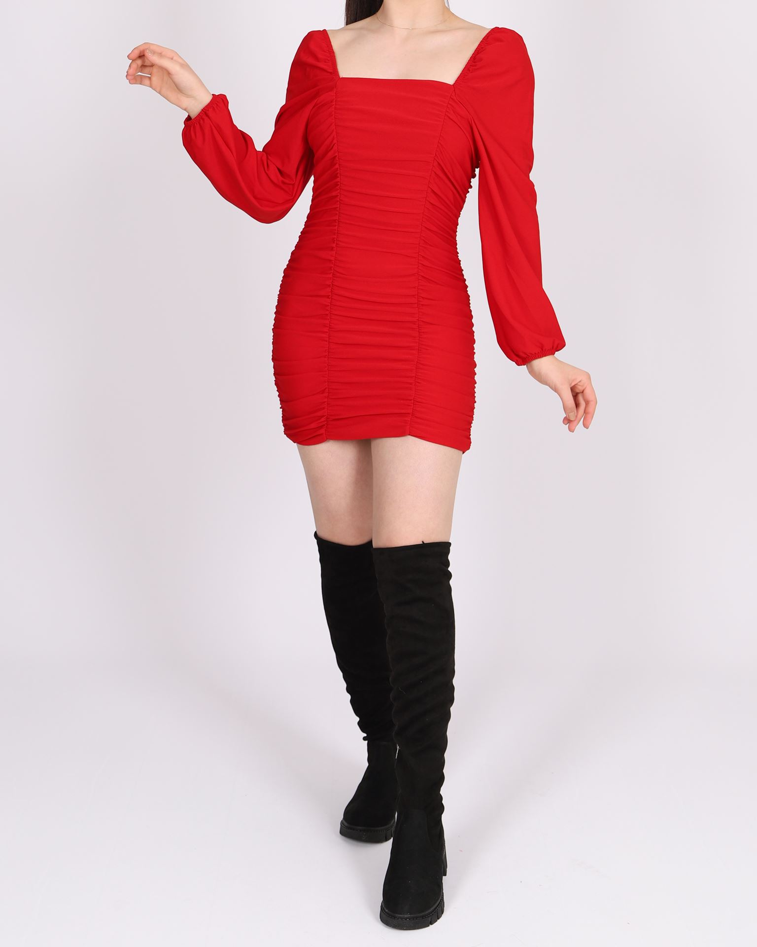 Kırmızı Drapeli Mini Elbise 	ELB726