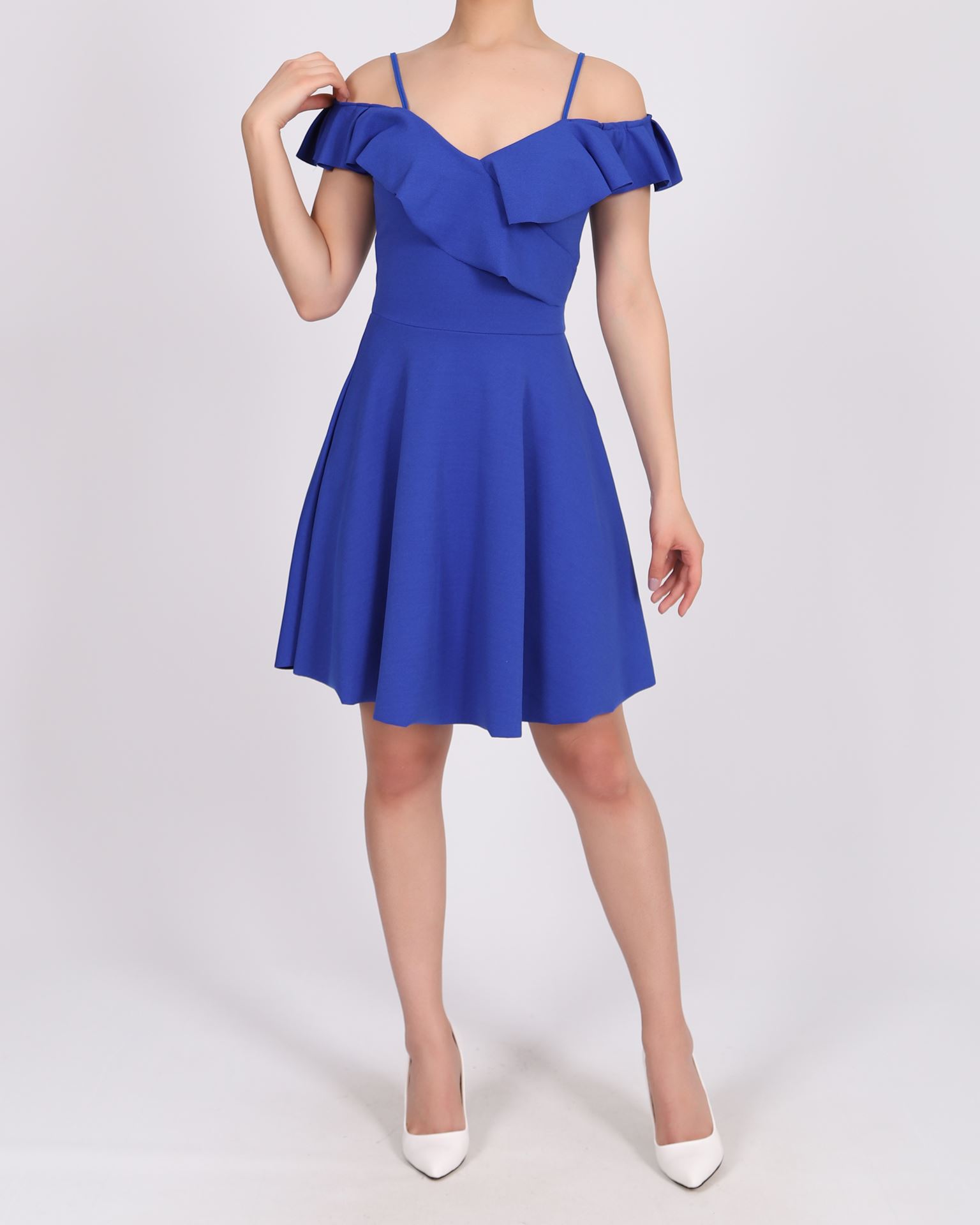 Saks Mavisi Katlı Tasarım Elbise ELB779