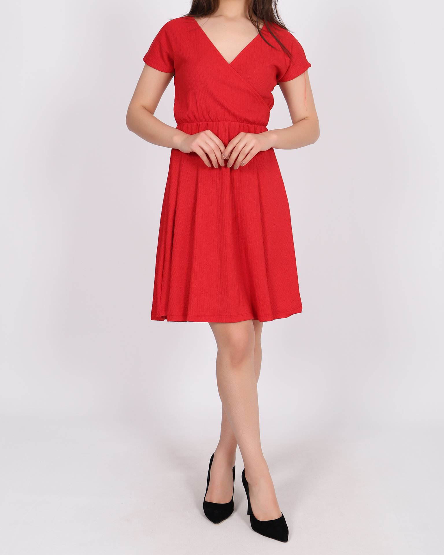 Kruvaze Yaka Kırmızı Elbise ELB788
