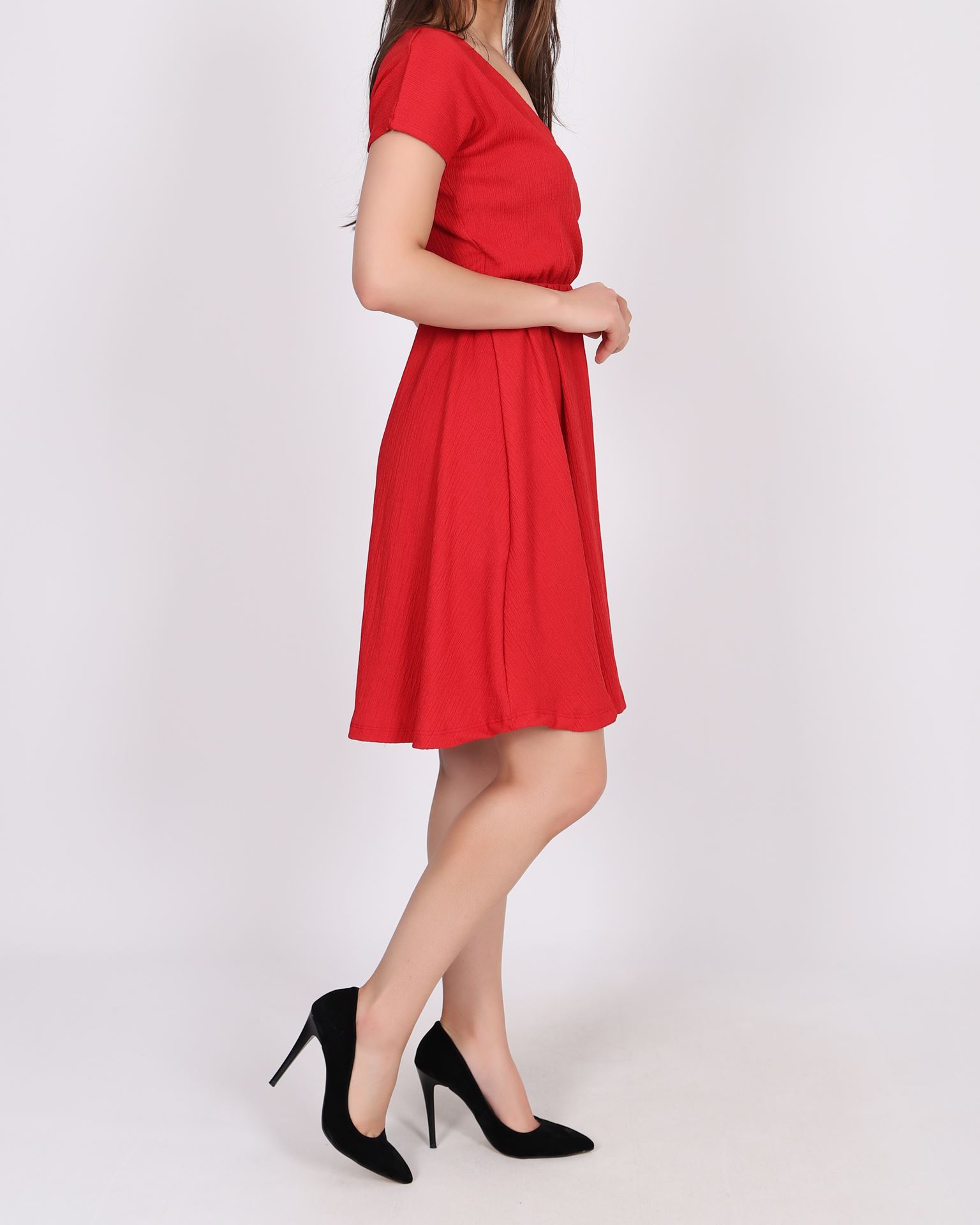 Kruvaze Yaka Kırmızı Elbise ELB788