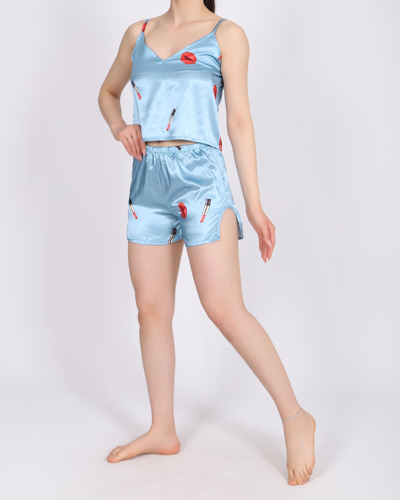 Mavi Şortlu Saten Pijama Takımı PJM1503