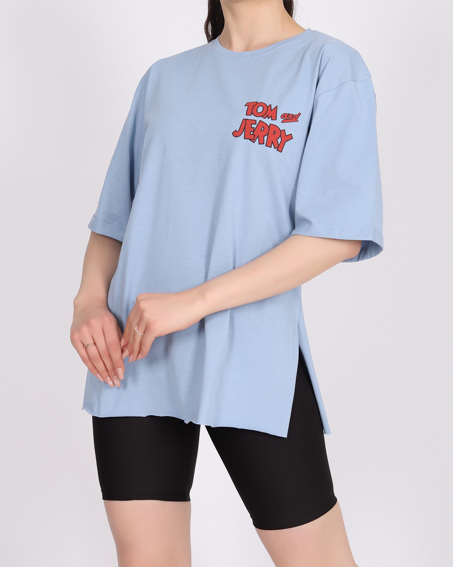 Mavi Baskılı Yırtmaçlı T-shirt TSH291