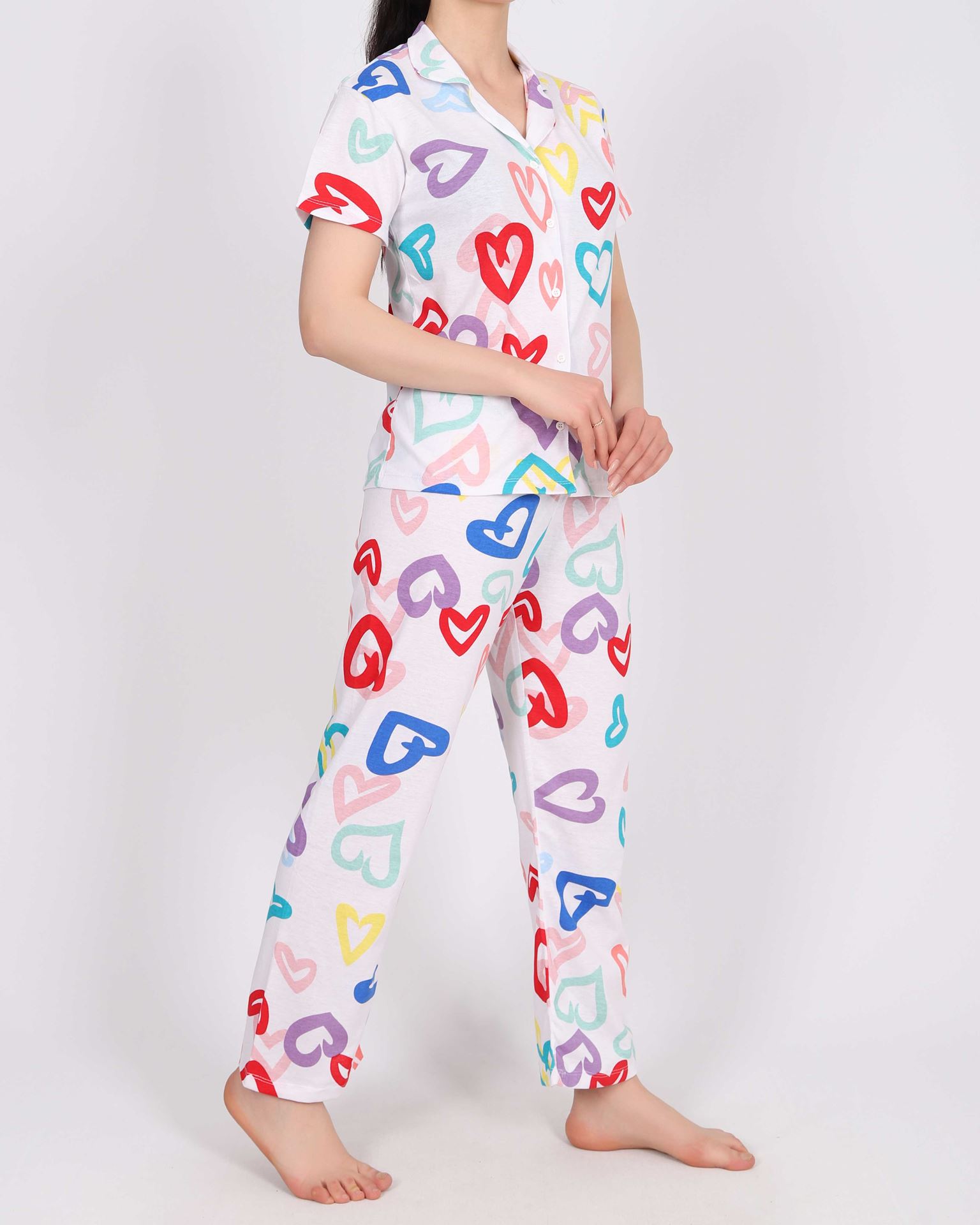 Düğmeli Kalp Desenli Pijama Takımı PJM1535