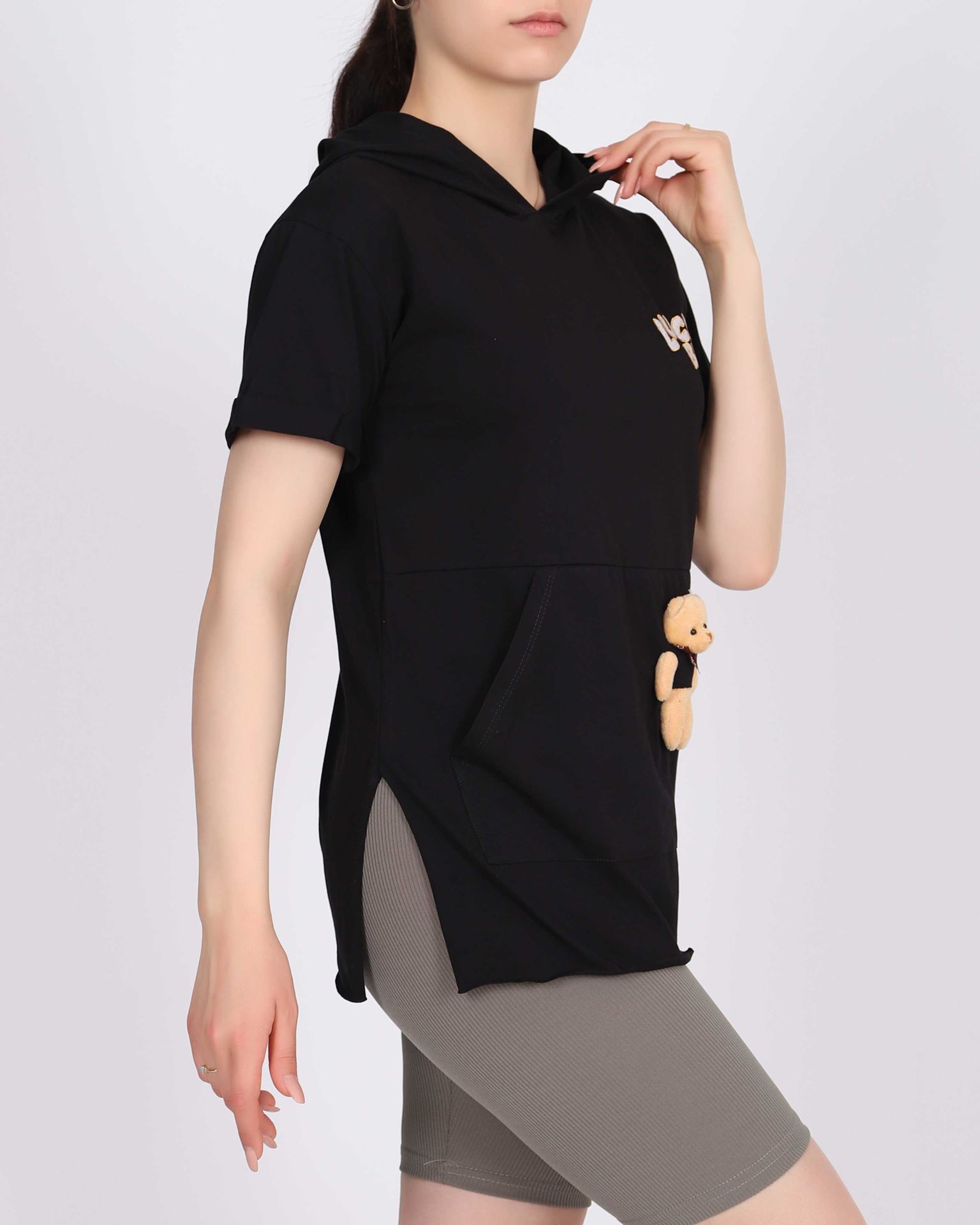 Siyah Kapşonlu Ayıcık Tasarımlı T-shirt TSH296