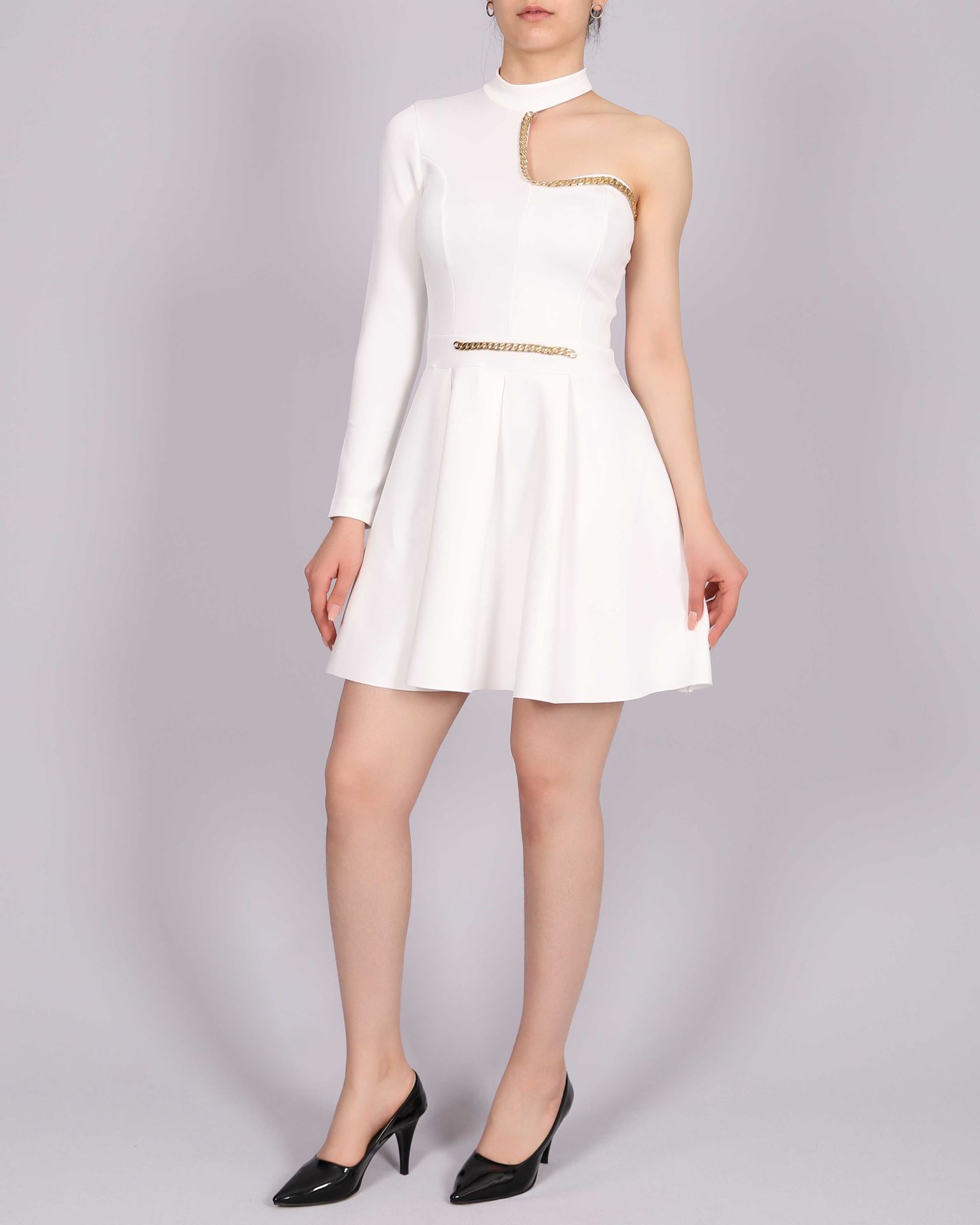 Beyaz Tek Kol Zincir Tasarım Elbise ELB811