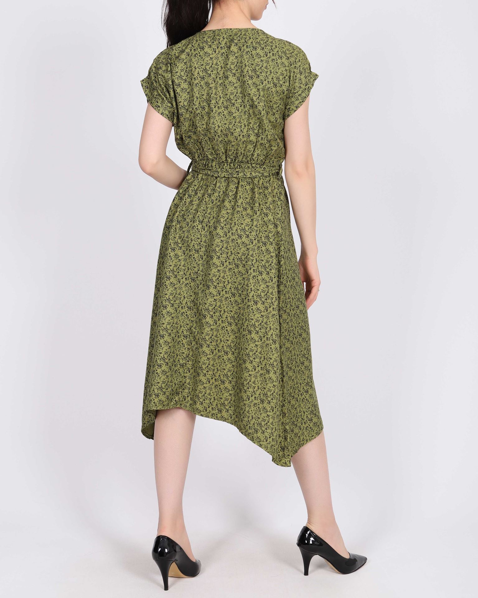 Yeşil Desenli Bel Bağlamalı Elbise ELB831