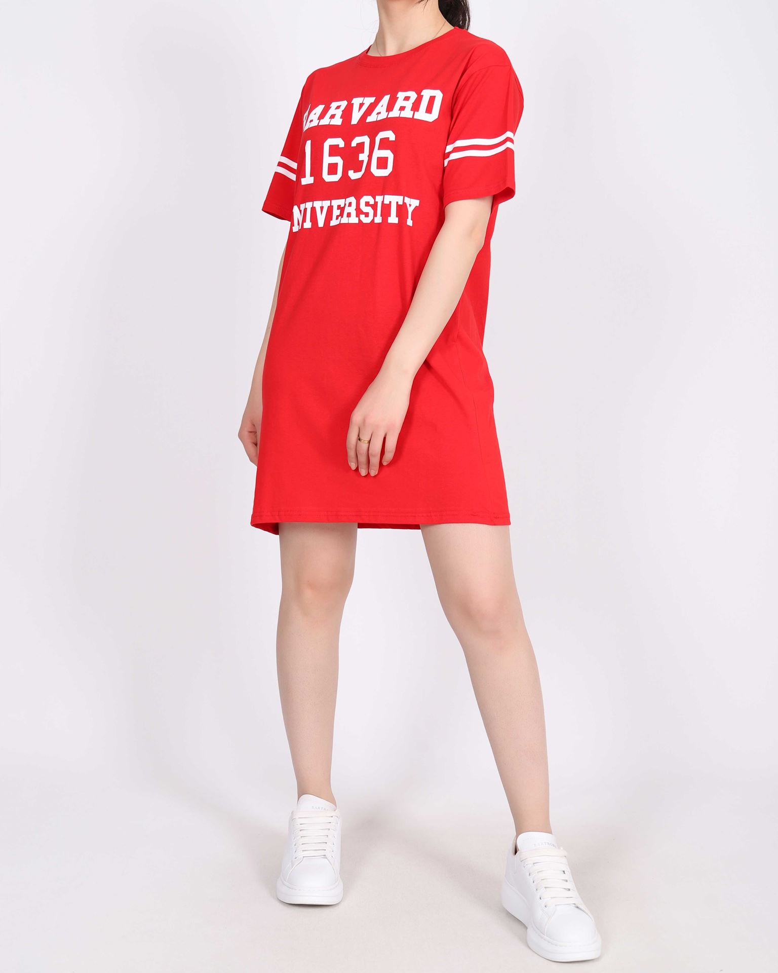 Kırmızı Baskılı Şeritli Elbise ELB843
