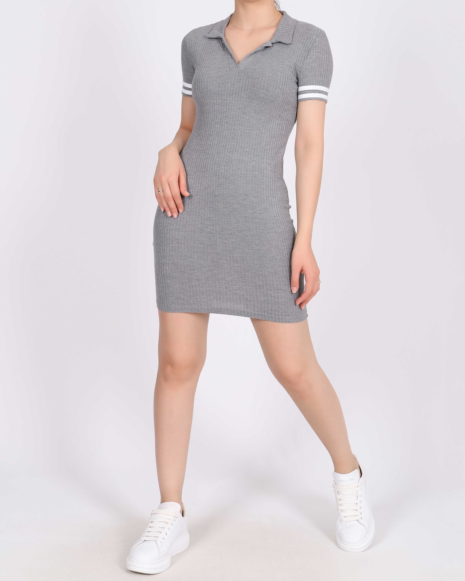 Gri Kol Şeritli Yakalı Elbise ELB906