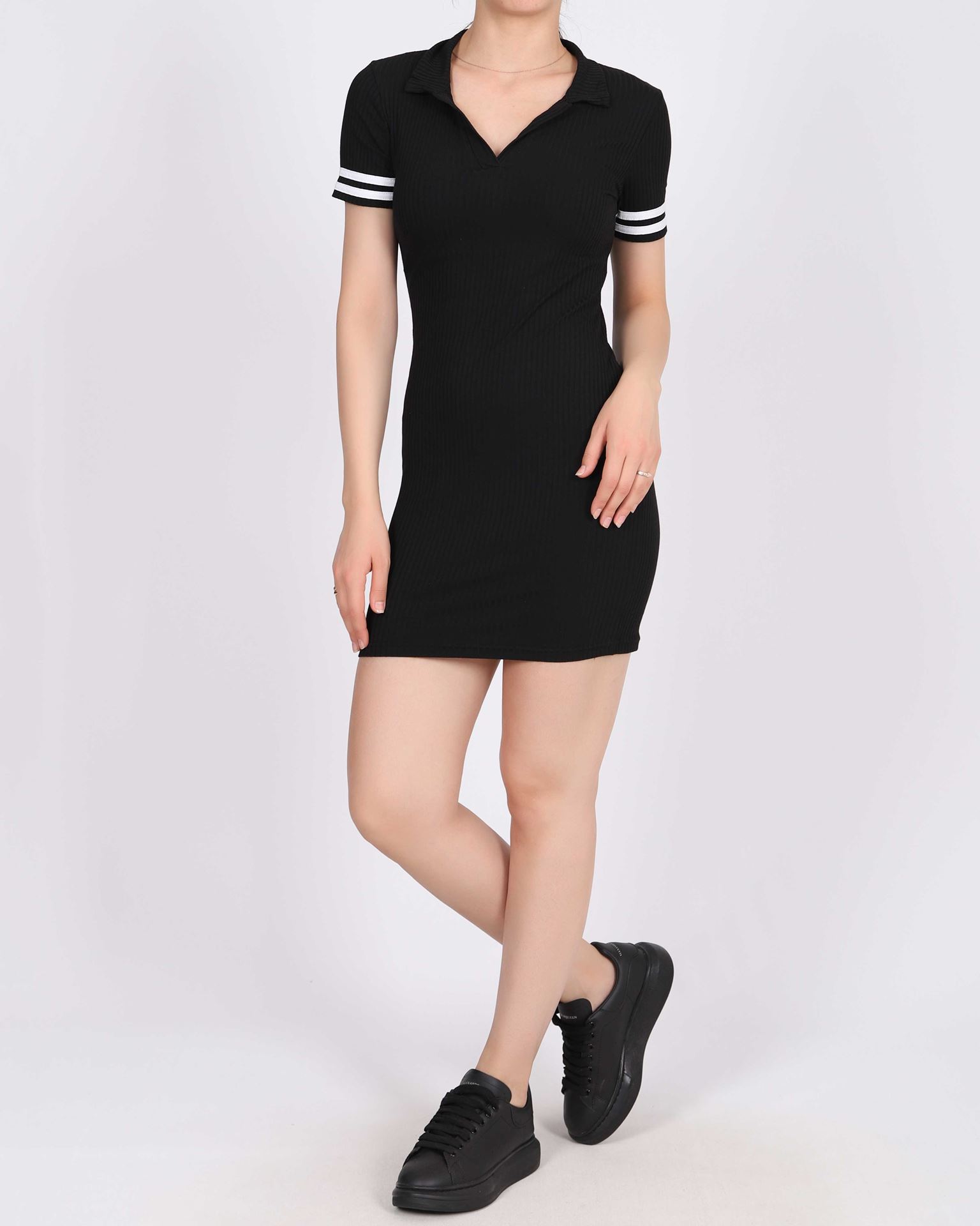 Siyah Kol Şeritli Yakalı Elbise ELB907