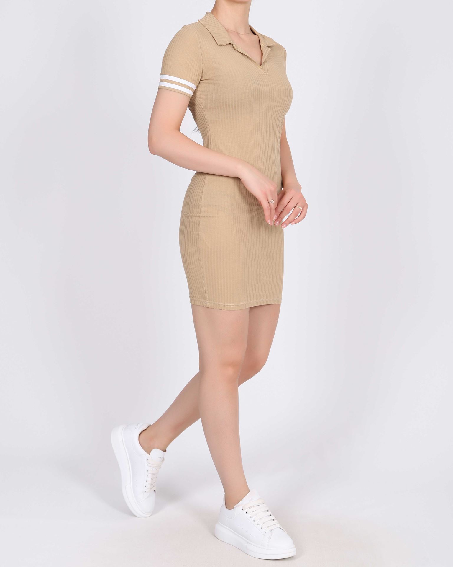 Bej Kol Şeritli Yakalı Elbise ELB908