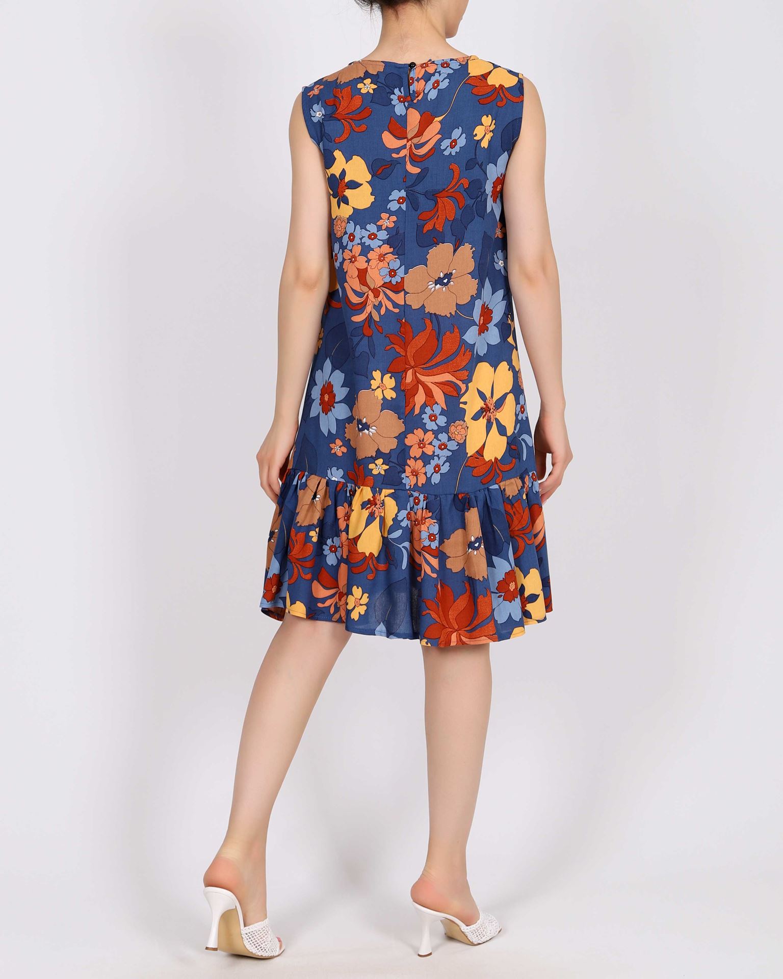 İndigo Eteği Fırfırlı Desenli Elbise ELB943