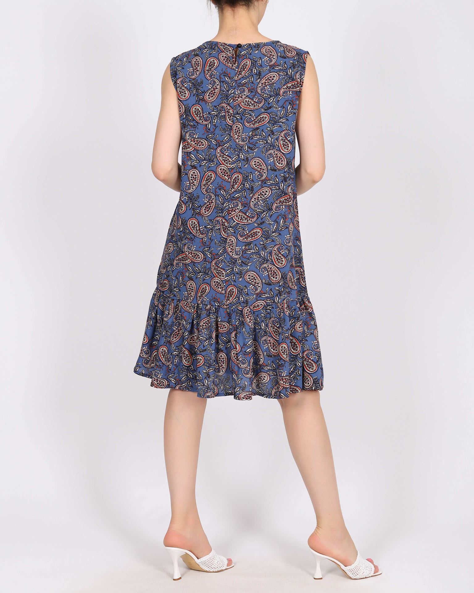 İndigo Eteği Fırfırlı Desenli Elbise ELB946