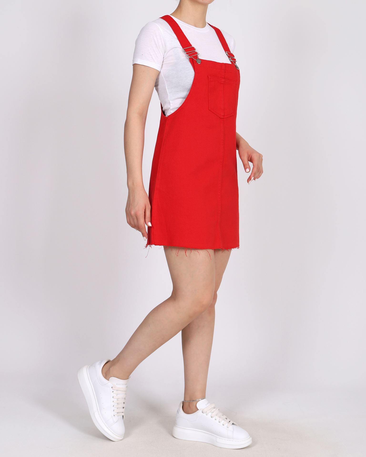 Kırmızı Kot Salopet Elbise ELB948