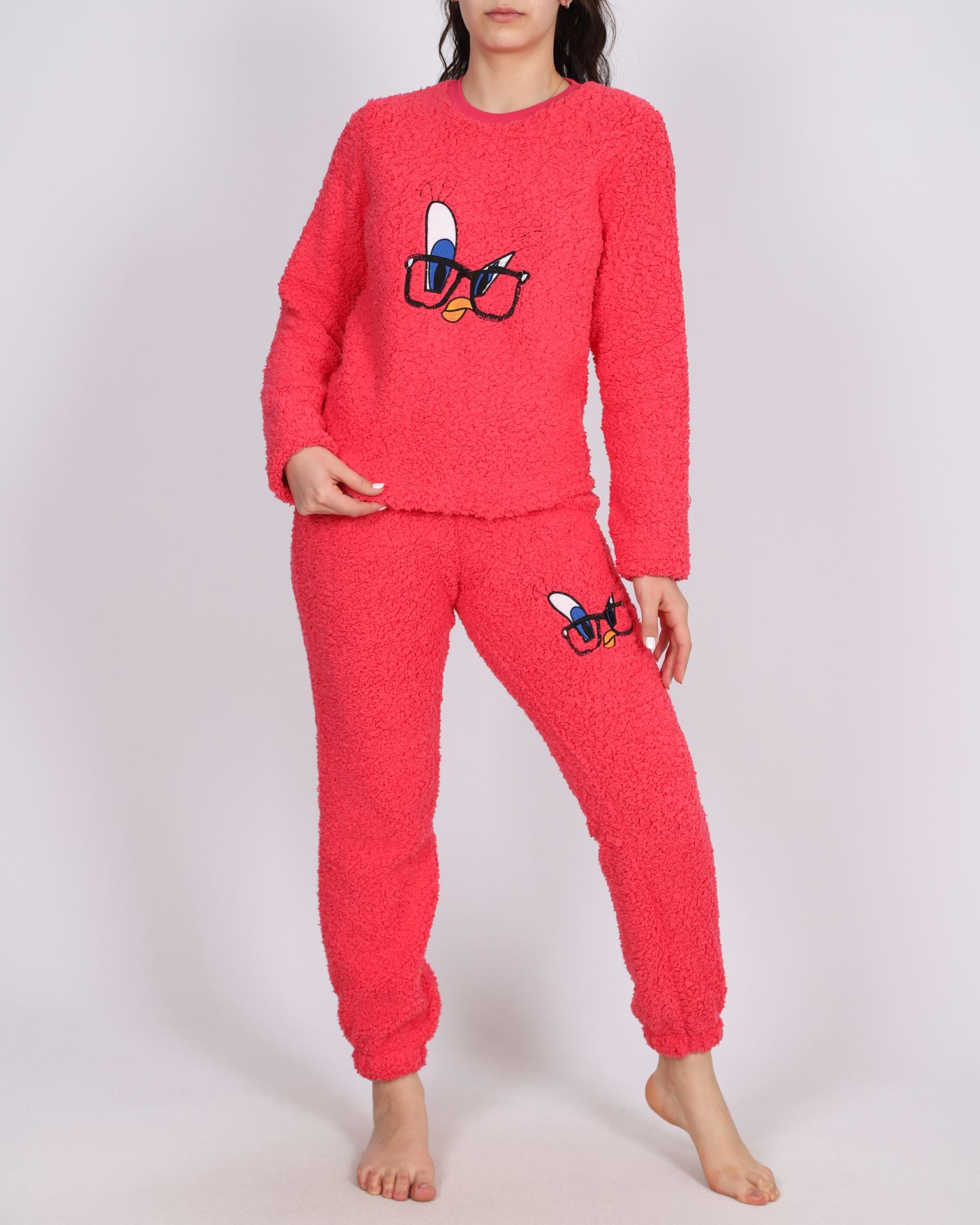 Pembe Peluş Nakışlı Pijama Takımı PJM1622