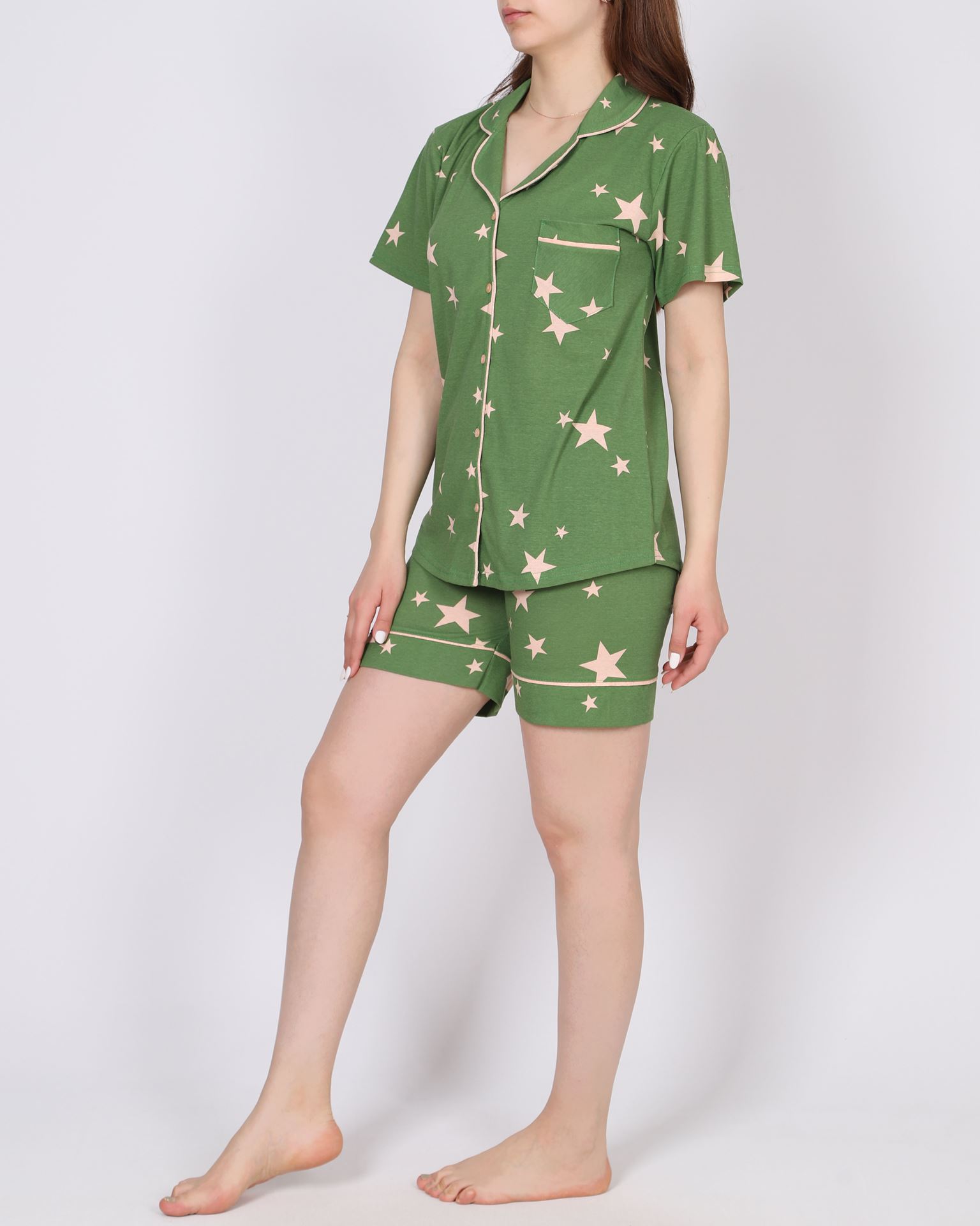 Yeşil Desenli Şortlu Pijama Takımı PJM1624