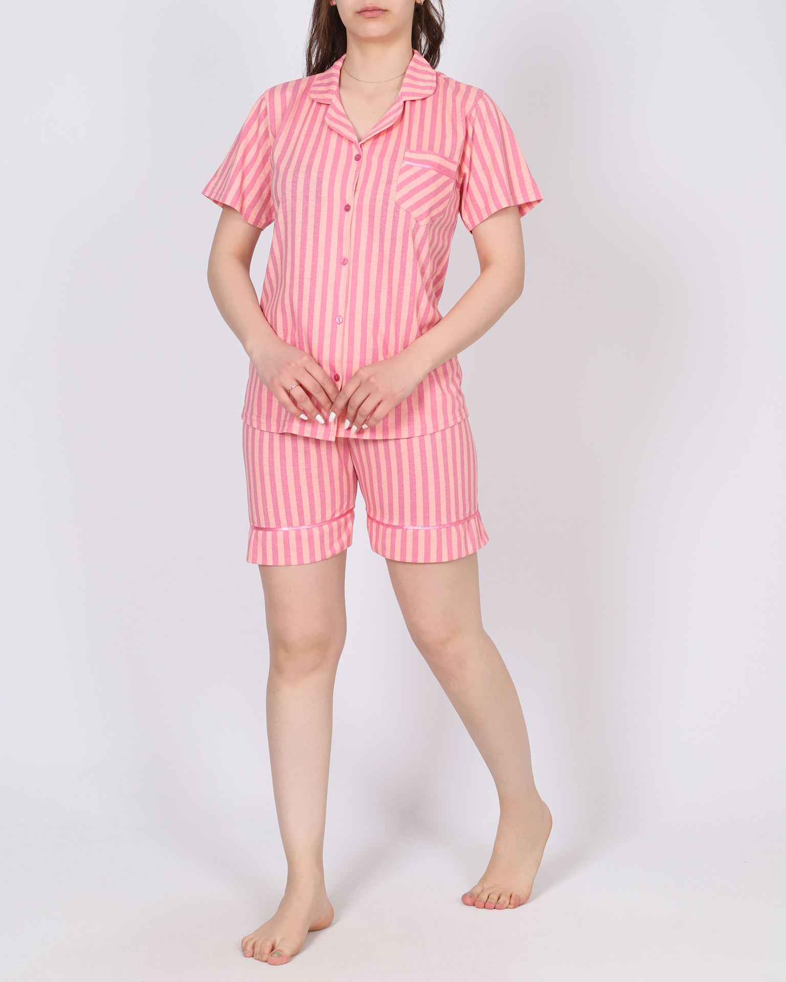 Pembe Çizgili Şortlu Pijama Takımı PJM1629