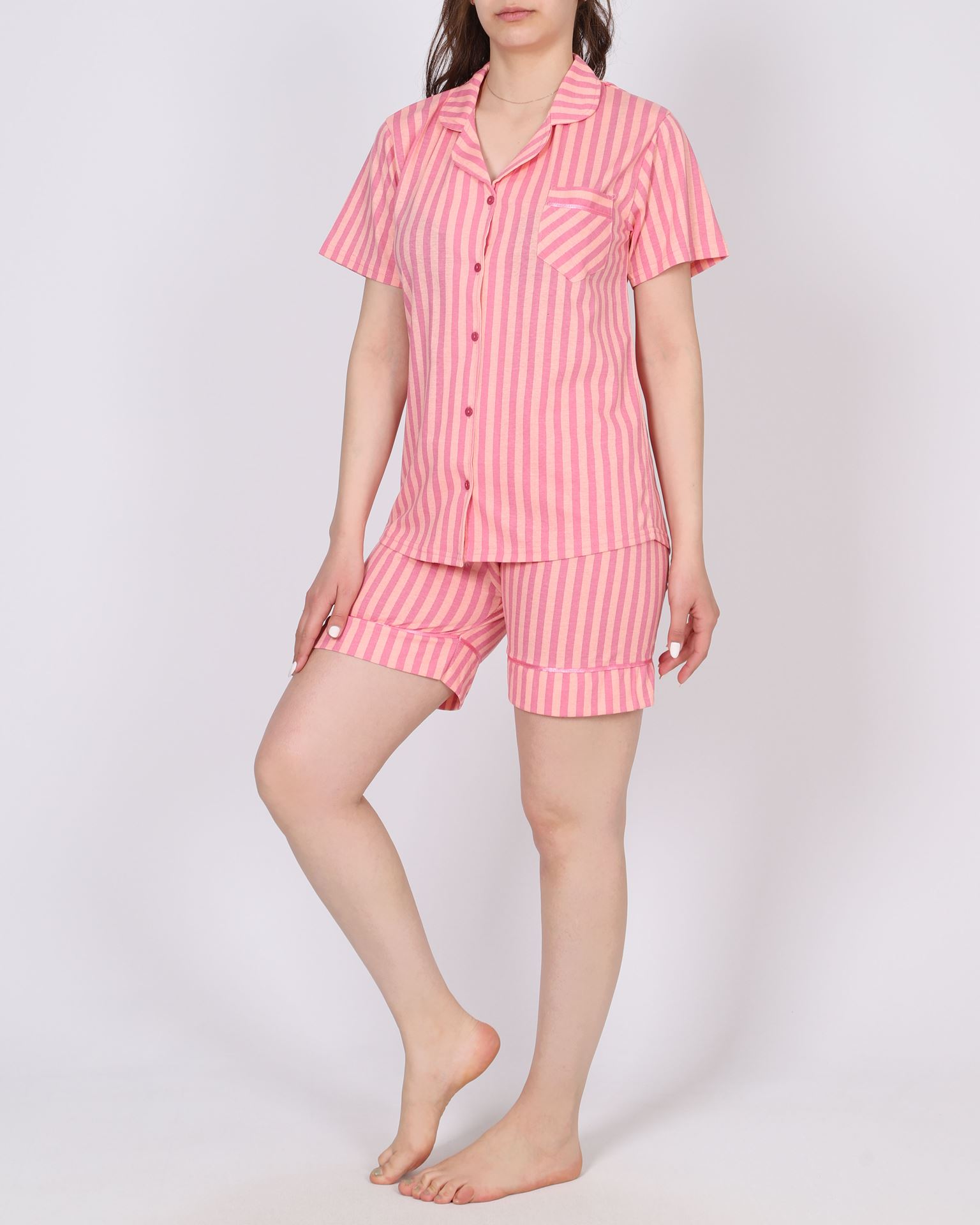 Pembe Çizgili Şortlu Pijama Takımı PJM1629