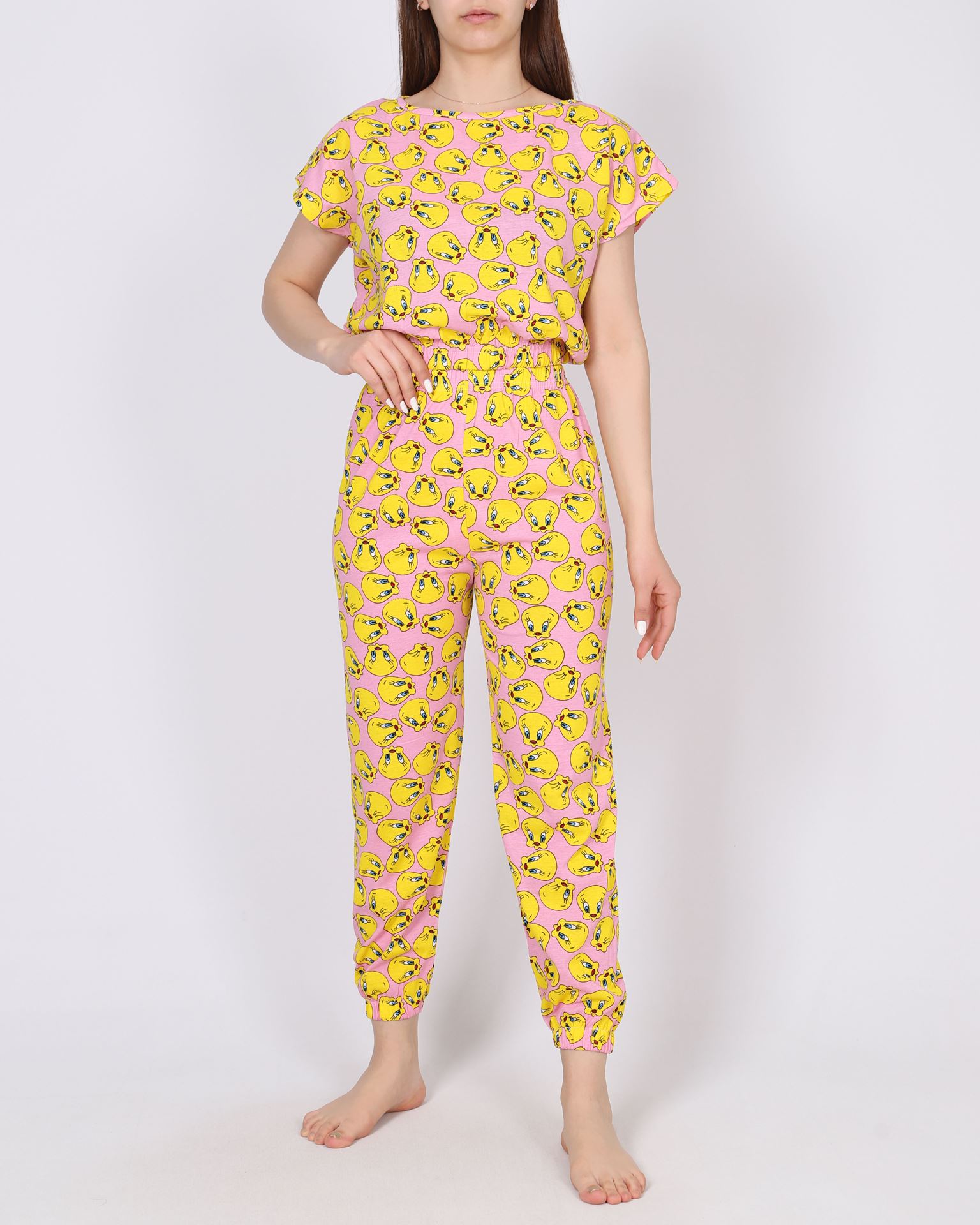 Pembe Desenli Crop Pijama Takımı PJM1642