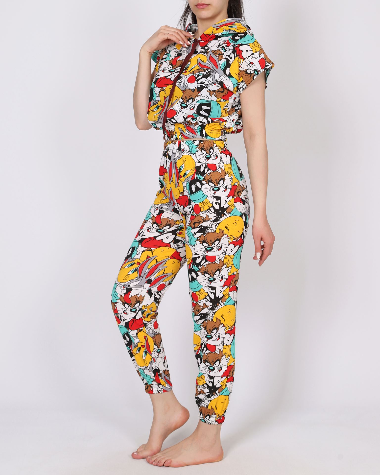 Desenli Crop Pijama Takımı PJM1670