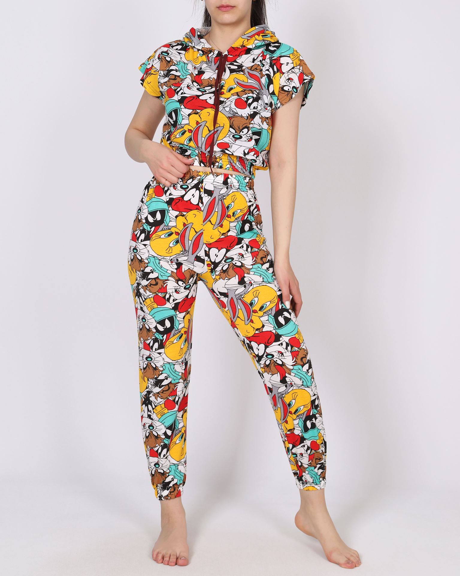 Desenli Crop Pijama Takımı PJM1670