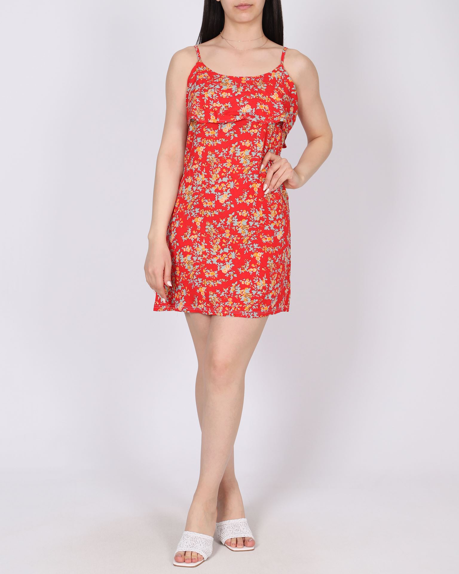 Kırmızı Askılı Çiçek Desenli Elbise ELB979