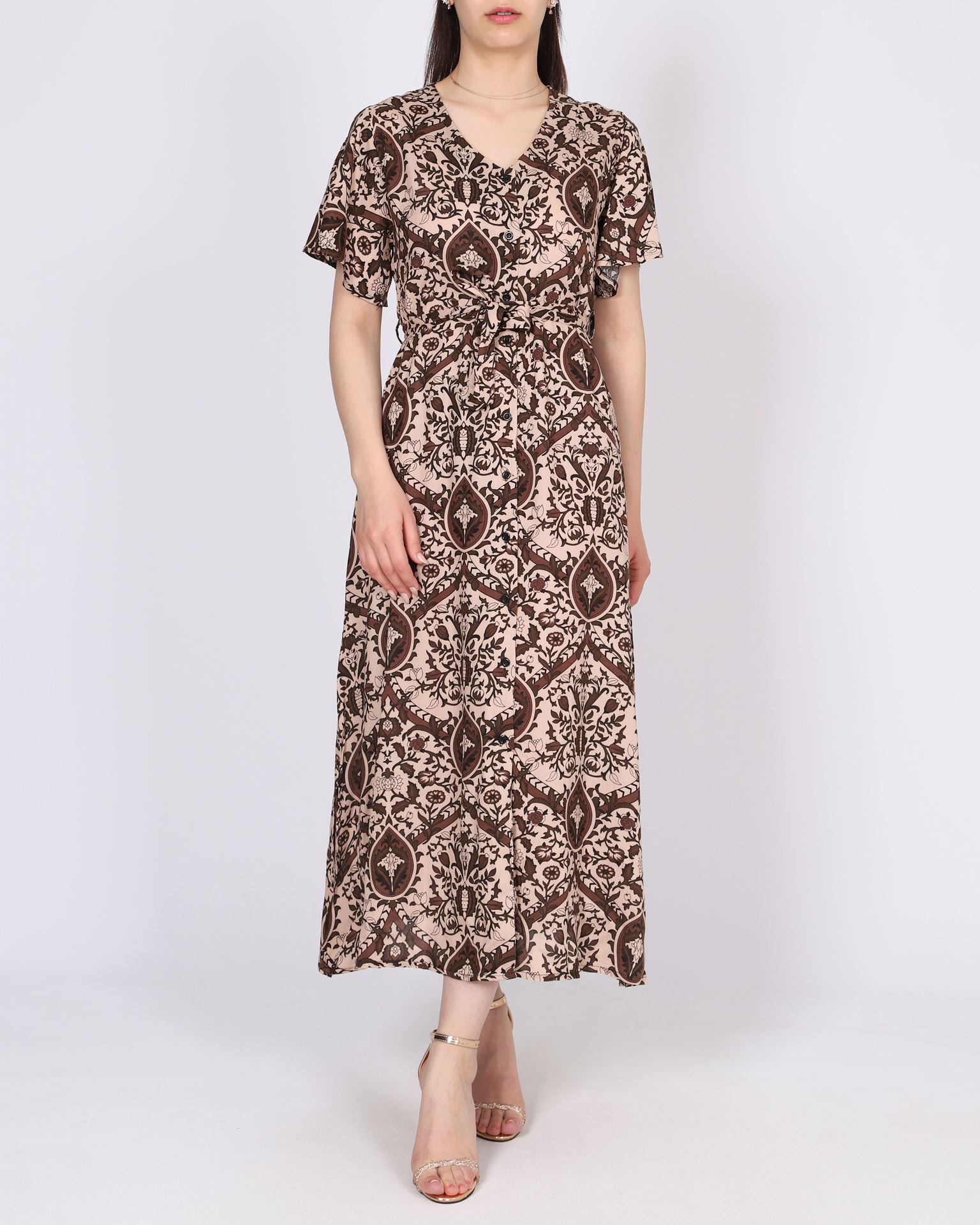 Kahverengi Desenli Yırtmaçlı Elbise ELB1008