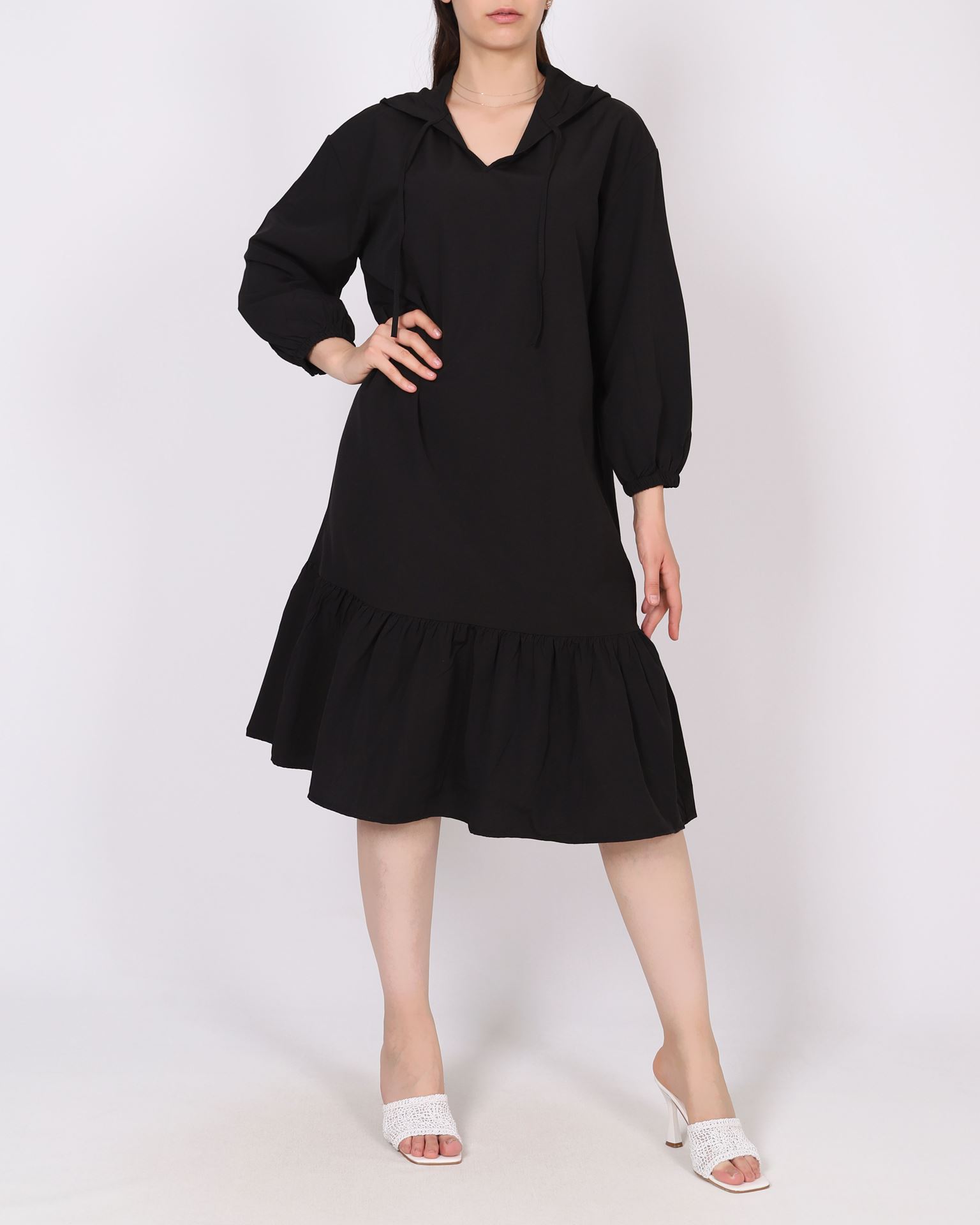 Siyah Kapüşonlu Elbise ELB1037