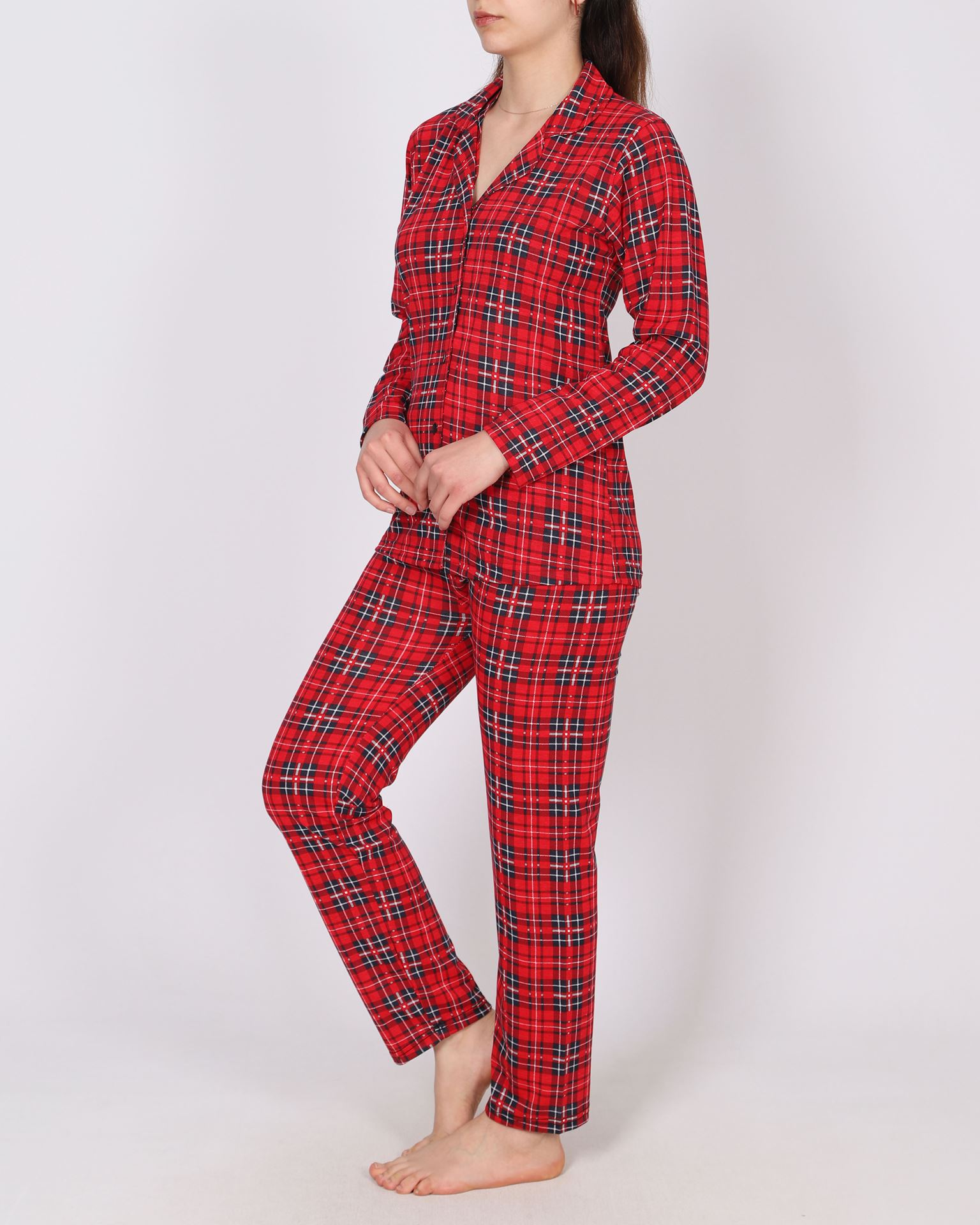 Kırmızı Ekoseli Düğmeli Pijama Takımı PJM1836
