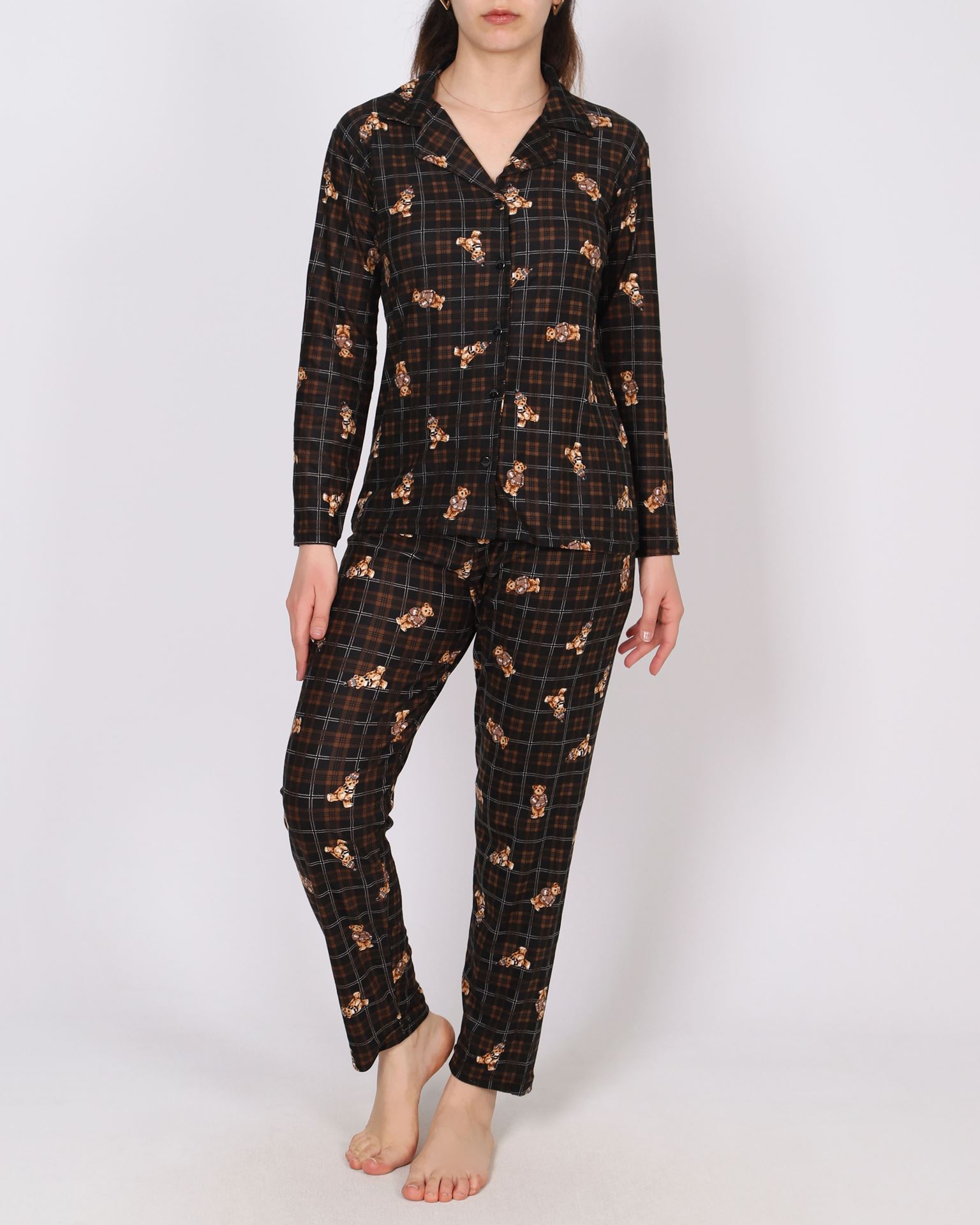 Siyah Süet Düğmeli Pijama Takımı PJM1838