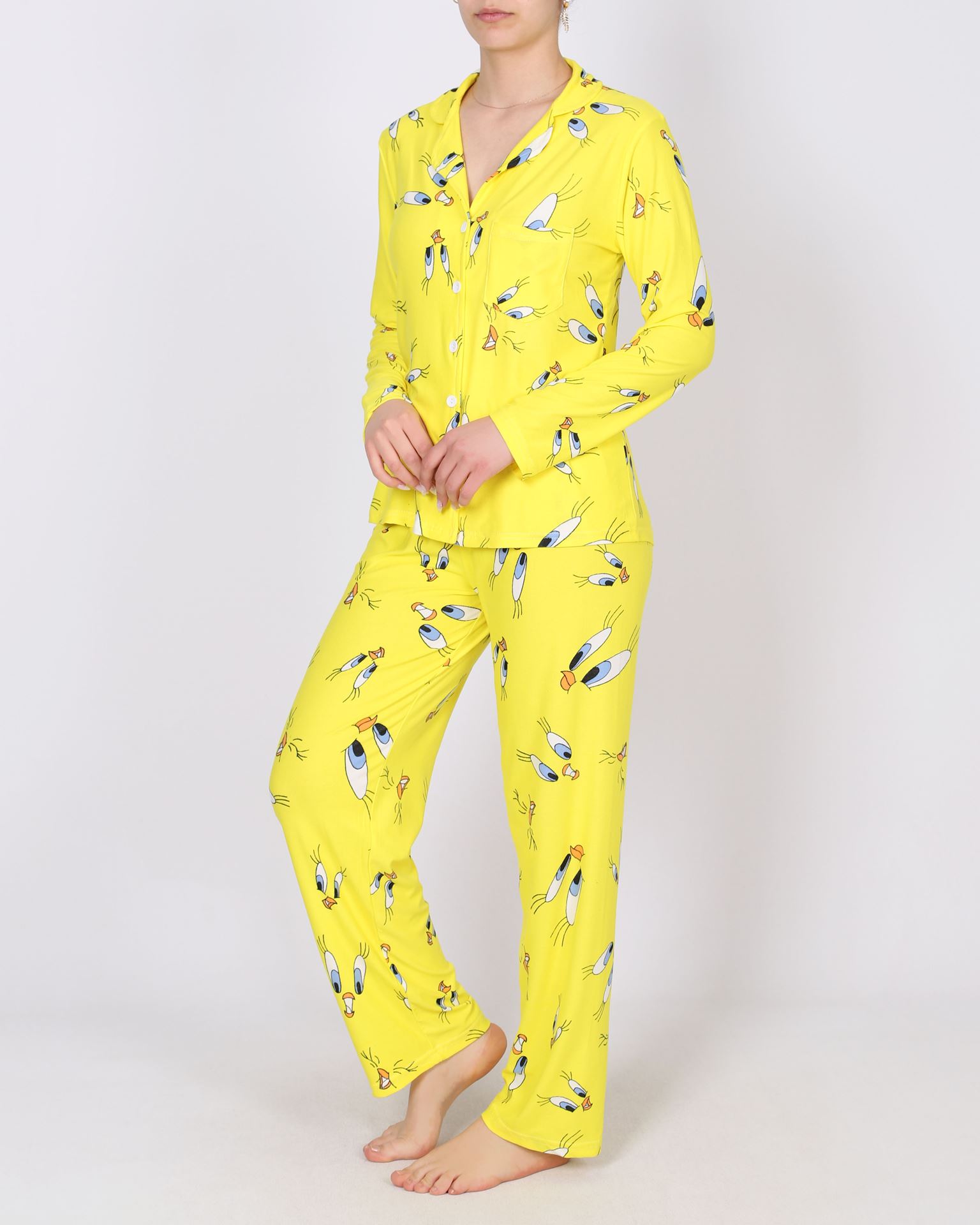 Sarı Süet Düğmeli Pijama Takımı PJM1862