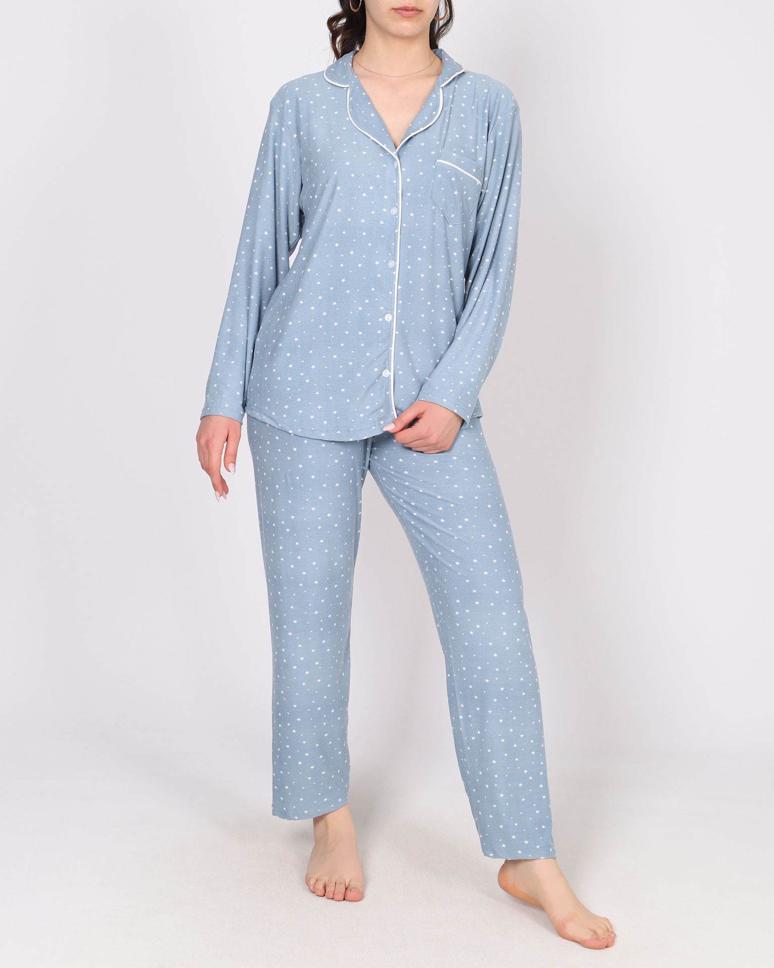 Mavi Desenli Süet Pijama Takımı PJM1882