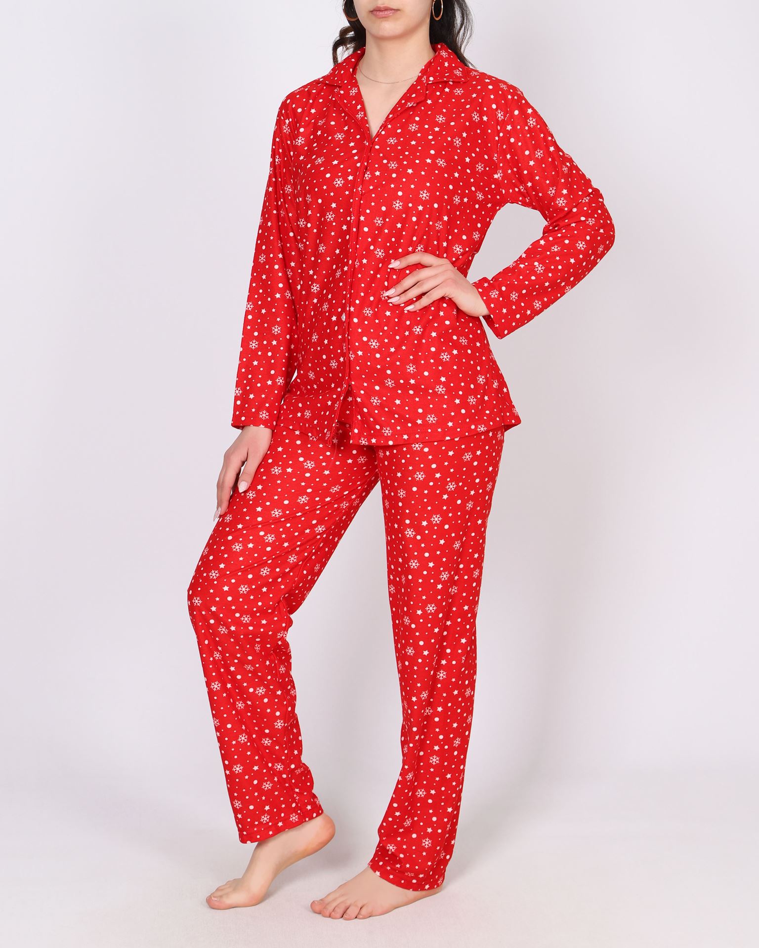 Kırmızı Desenli Süet Pijama Takımı PJM1883
