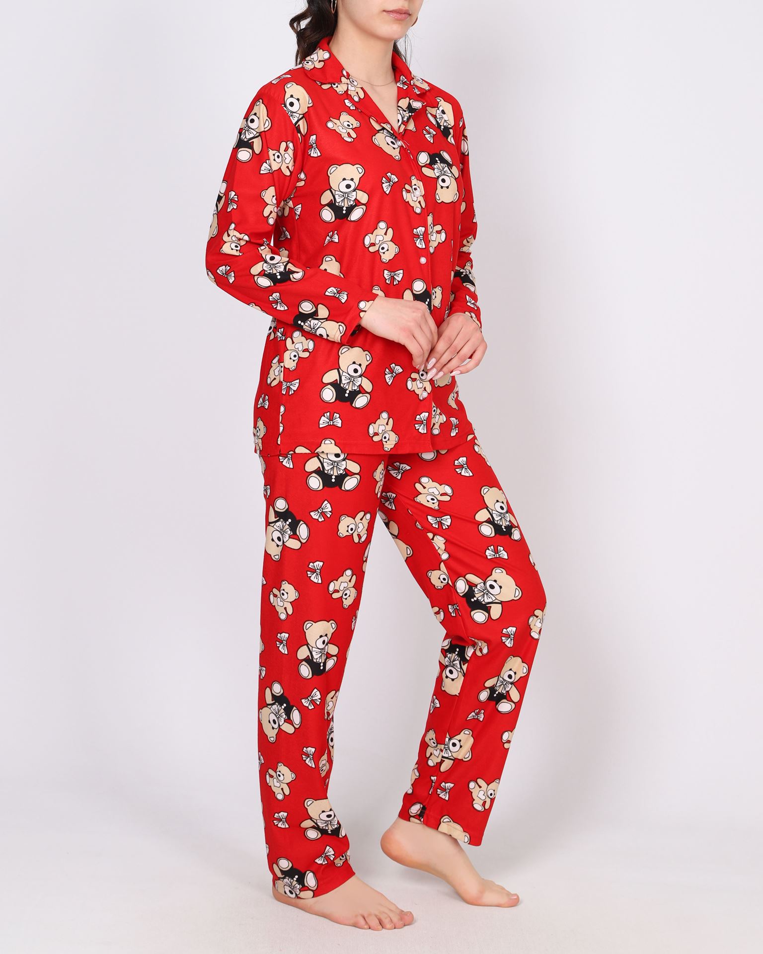 Kırmızı Desenli Süet Pijama Takımı PJM1886