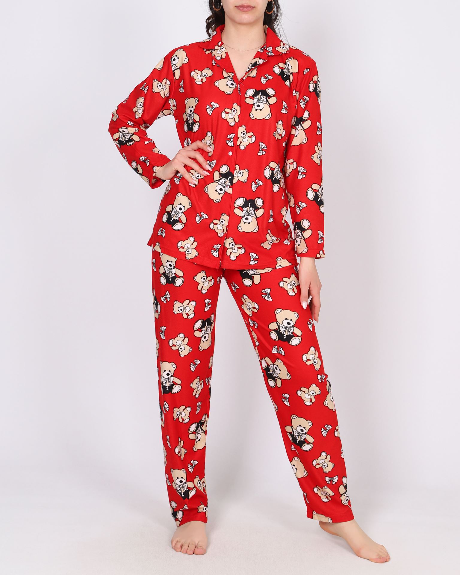 Kırmızı Desenli Süet Pijama Takımı PJM1886