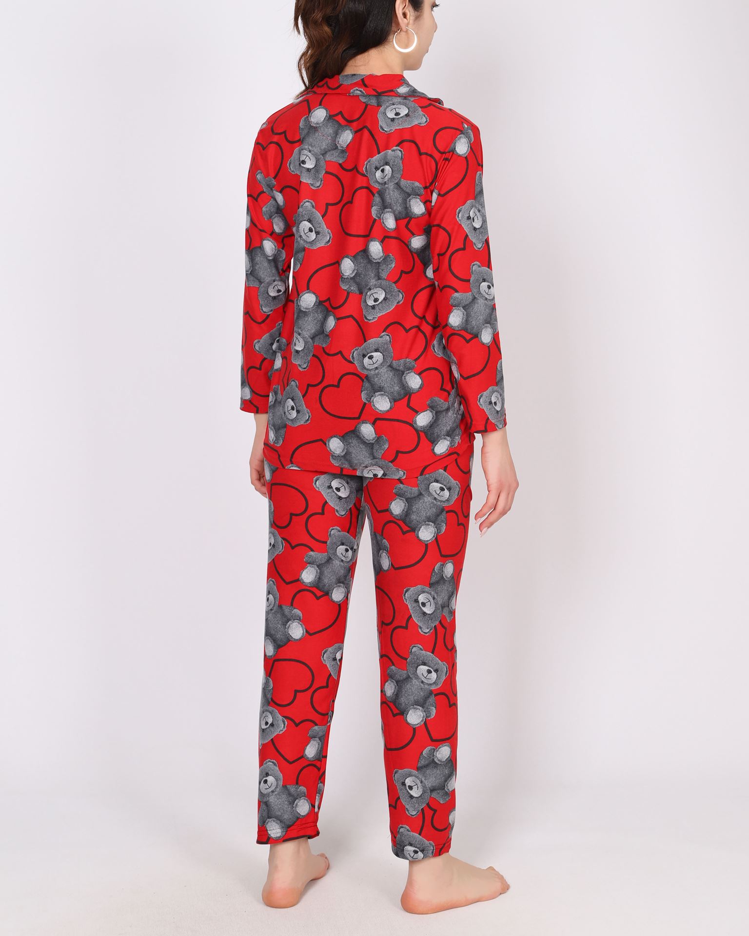 Kırmızı Desenli Süet Pijama Takımı PJM1887