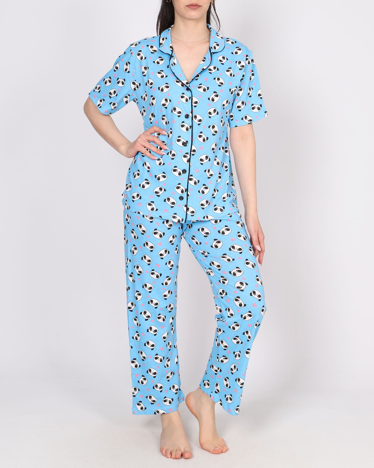 Mavi Düğmeli Kısa Kol Pijama Takımı PJM1897