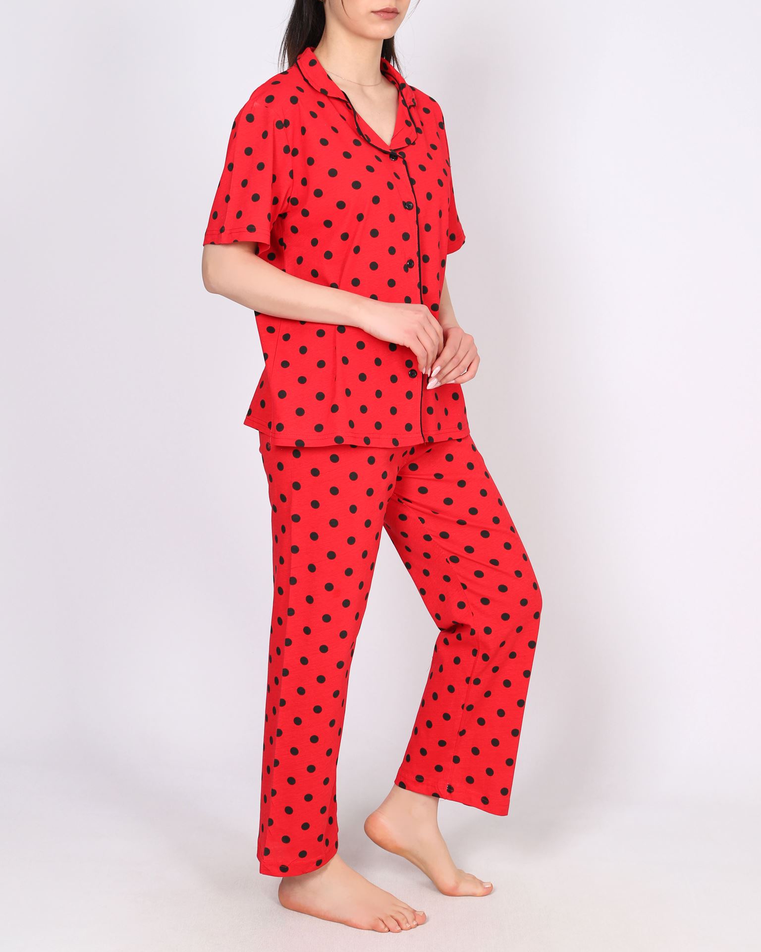 Kırmızı Düğmeli Kısa Kol Pijama Takımı PJM1902