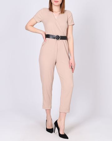 Taş Kemerli Kruvaze Yaka Bürümcük Tulum TLM459