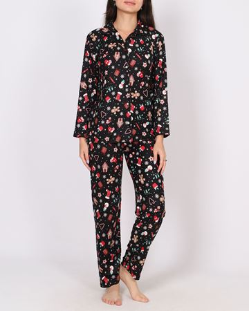 Siyah Desenli Süet Düğmeli Pijama Takımı PJM1803