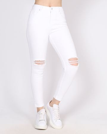 Beyaz Yüksek Bel Yırtık Skinny Jean PNT830