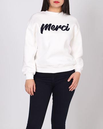 Beyaz Nakışlı Üç İplik Şardonlu Sweat SWT1077