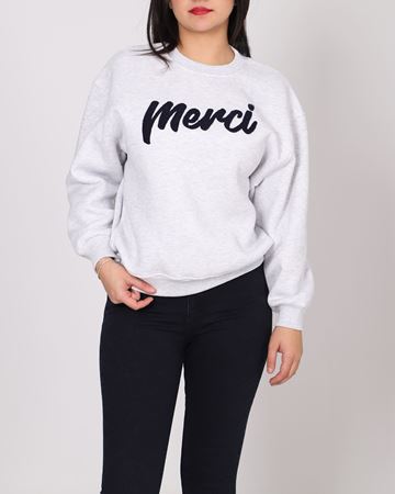 Gri Nakışlı Üç İplik Şardonlu Sweat SWT1078