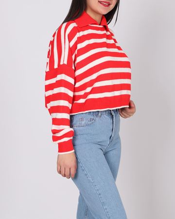 Kırmızı Gömlek Yaka Çizgili Triko Kazak KZK654