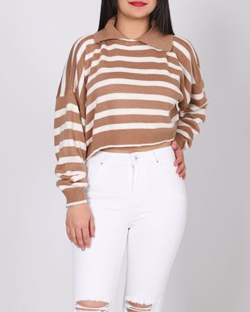 Kahverengi Gömlek Yaka Çizgili Triko Kazak KZK655