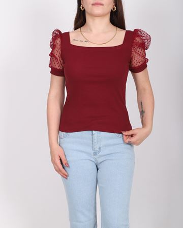 Omuz Tül Detaylı Bordo Bluz BLZ499