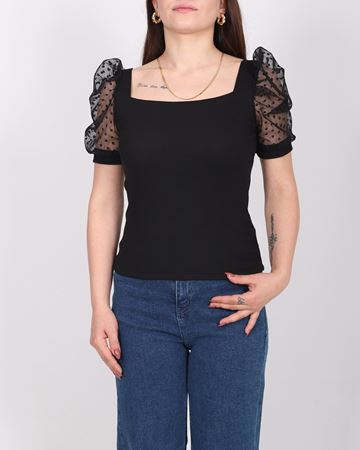 Omuz Tül Detaylı Siyah Bluz BLZ499