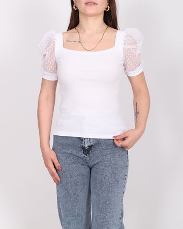 Omuz Tül Detaylı Beyaz Bluz BLZ499